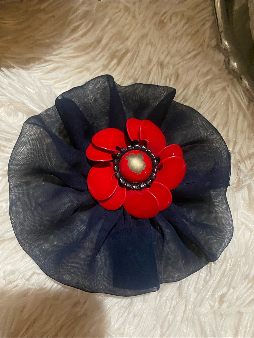 Vintage 60s- Red Floral Pin Brooch on Navy Sheer Fabric- chipped paint (as is)